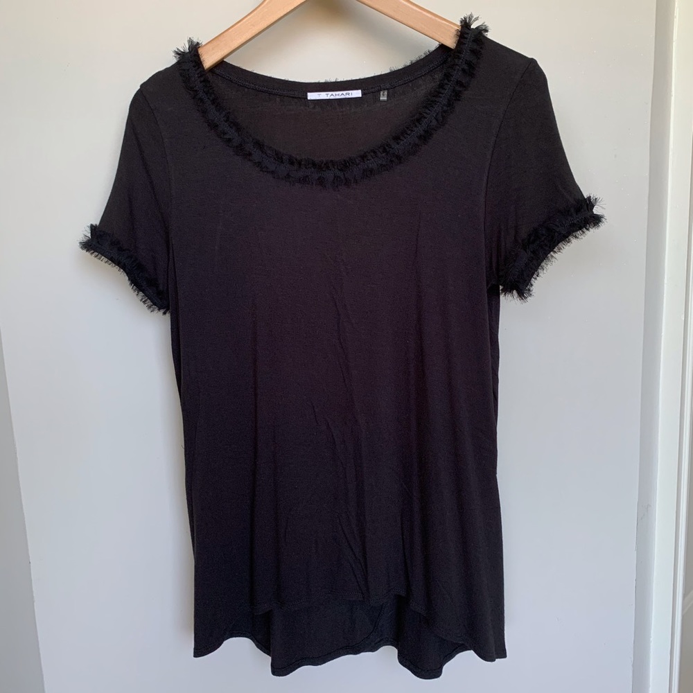 TAHARI Black Ruffled Collar and Sleeve Shirt